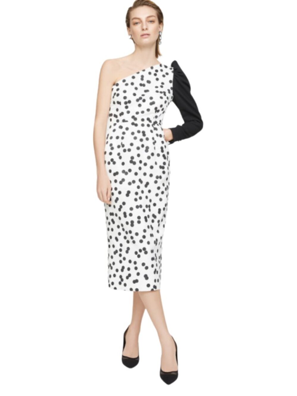 RACIL Polka Dot Sheath One Shoulder Dress. Size XS.
